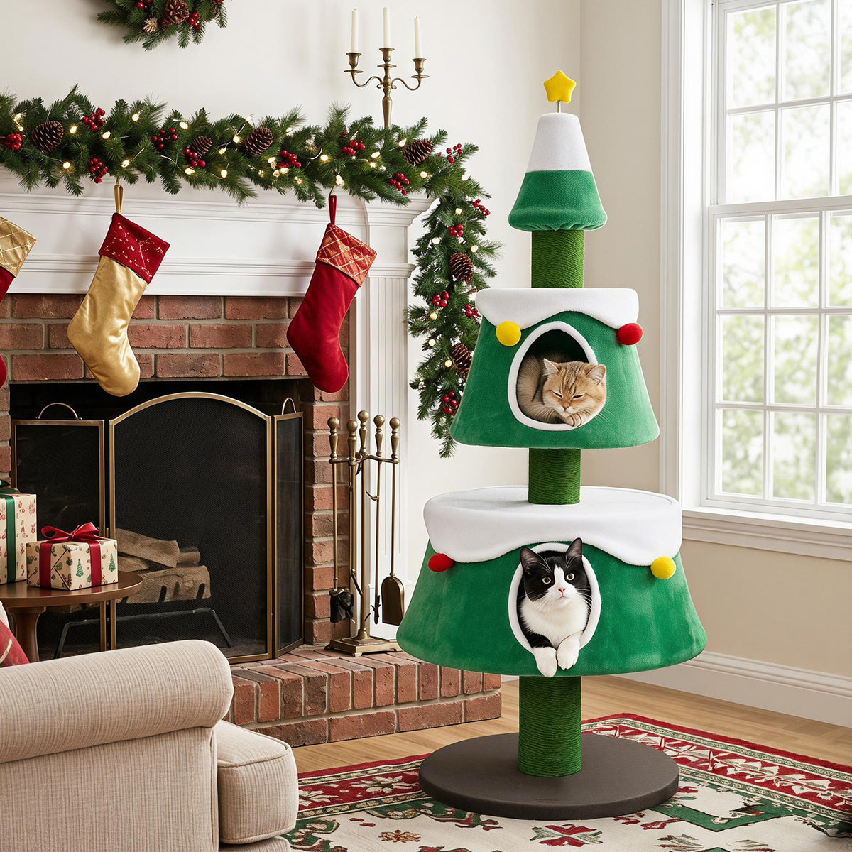 A green cat Christmas tree with two condos and scratching posts in a festive living room
