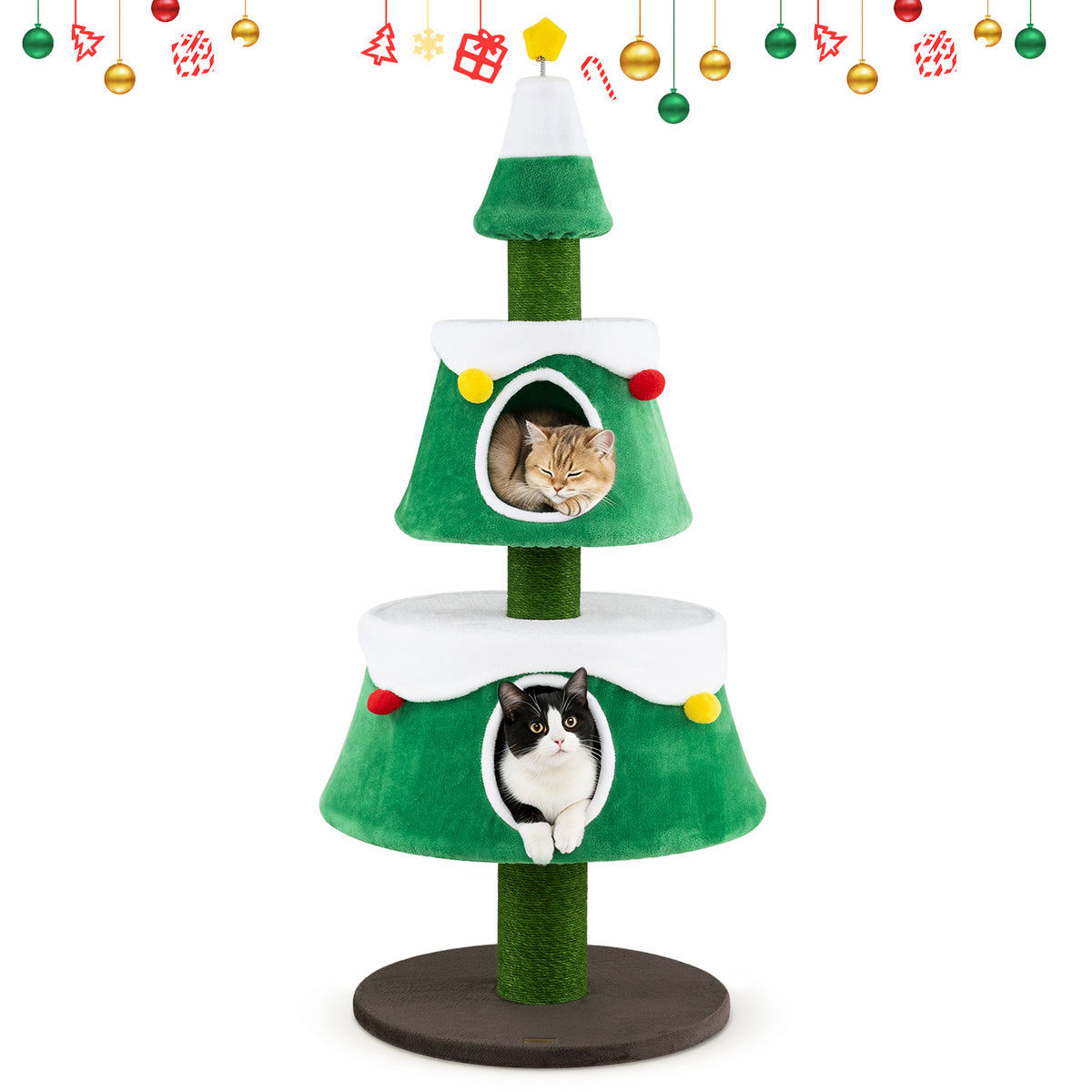 A green cat Christmas tree with two condos and scratching posts with cats inside