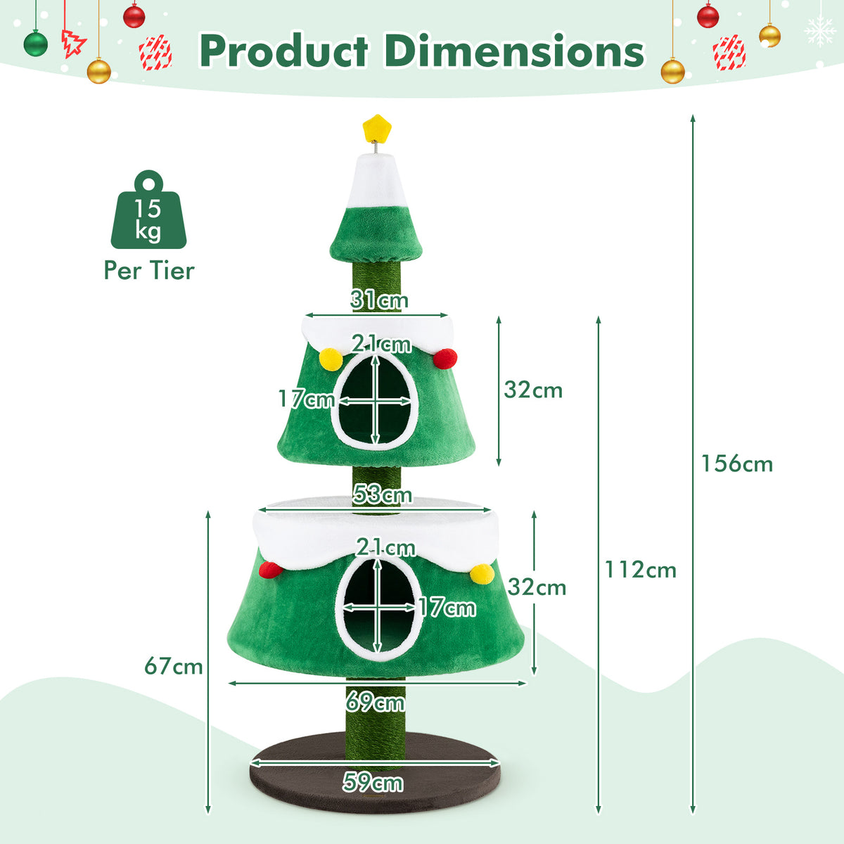 Product dimensions diagram for the green cat Christmas tree