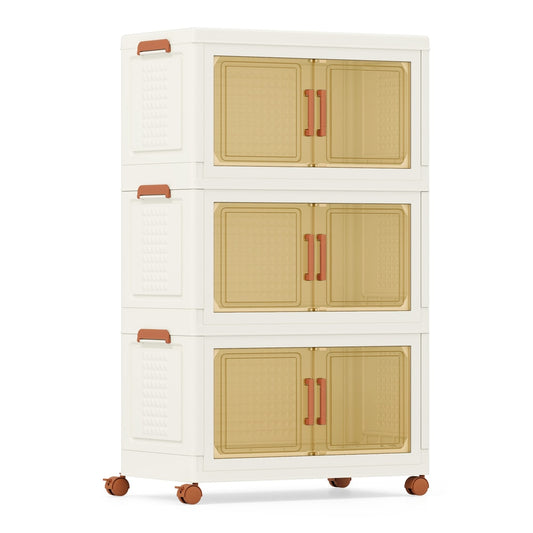 156L Stackable Plastic Collapsible Storage Bins with Lids, a three-tier cabinet with doors and wheels