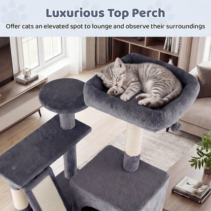Grey cat tree tower with a plush top perch where a cat is sleeping