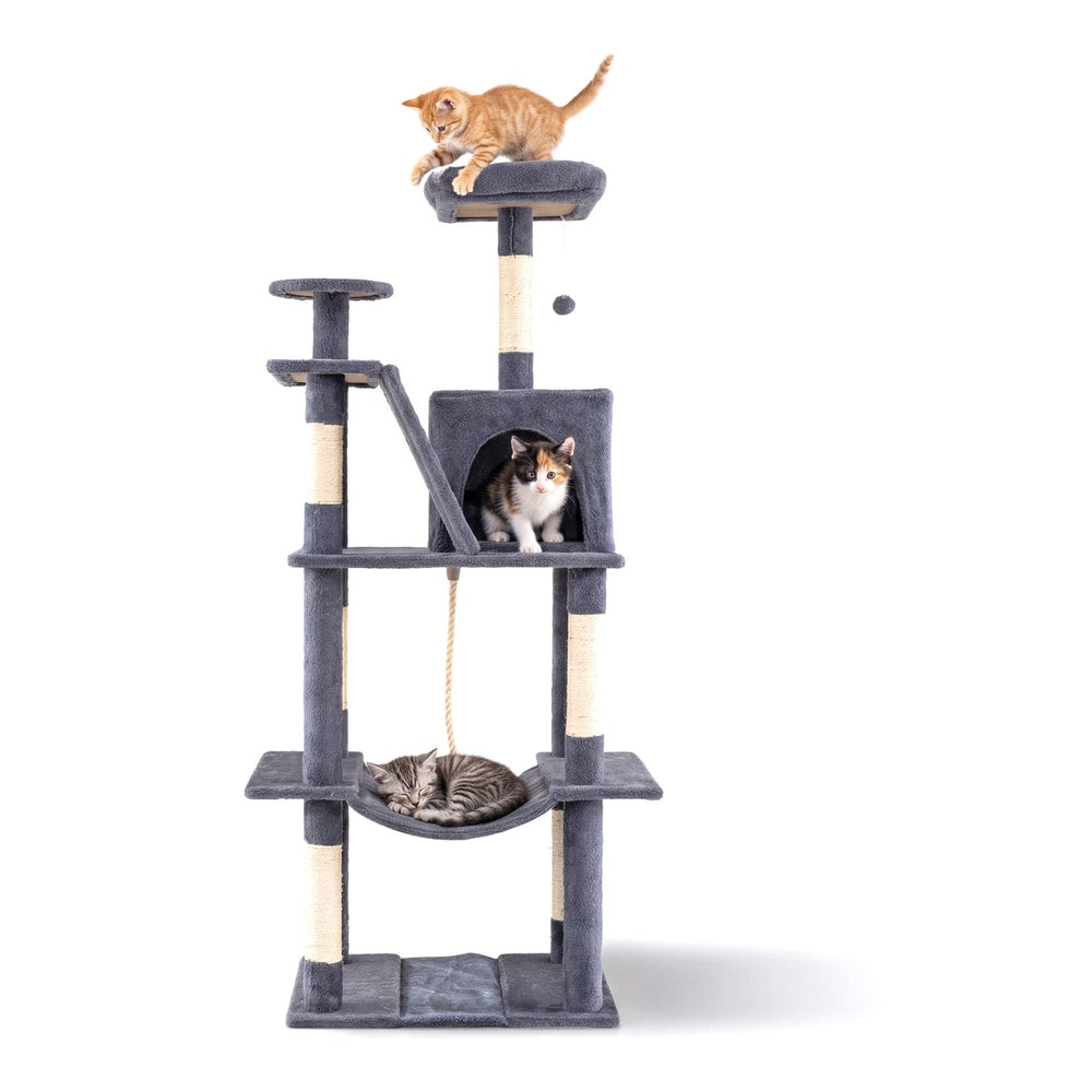 The cat tree tower with three kittens, one sleeping in the hammock