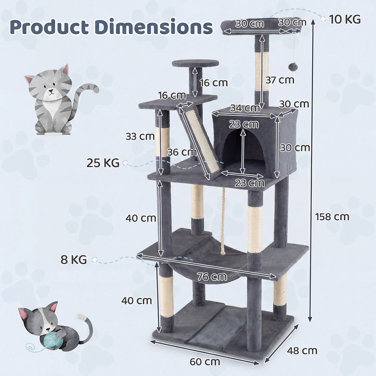 Product dimensions diagram for the grey cat tree tower with measurements