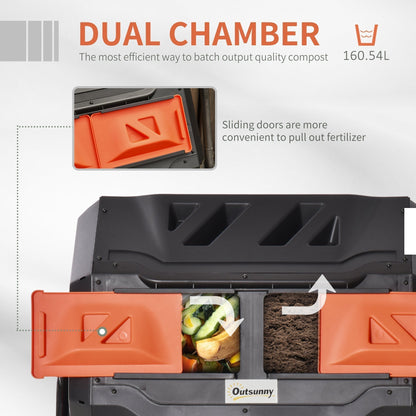 Outsunny 160L 360 Rotating Dual Chamber Composter - Orange