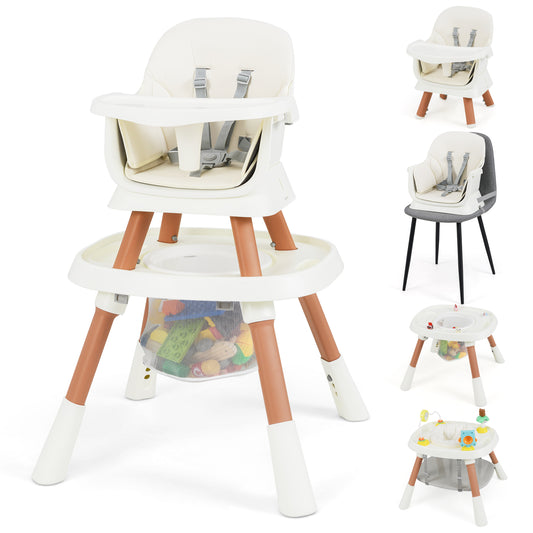 16-in-1 Convertible Baby High Chair in white with wooden effect legs and a removable tray