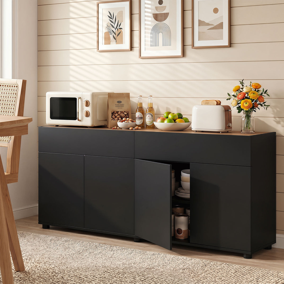 160 cm Buffet Cabinet with Push-to-Open Doors & 2 Drawers for Dining Room-Black