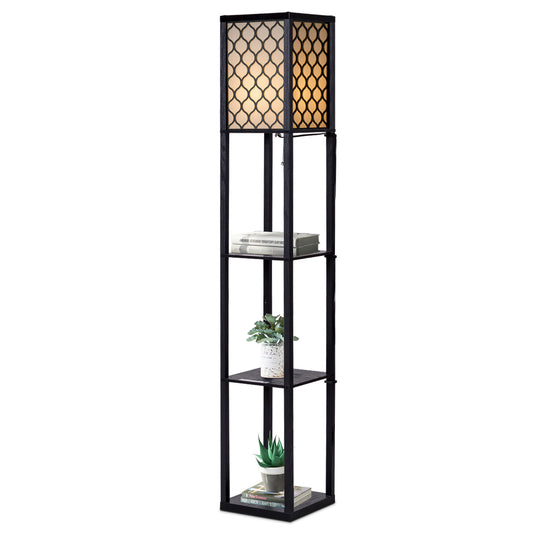 160 cm Floor Lamp with three shelves holding books and small potted plants on a white background