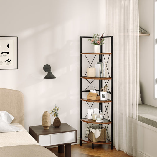 160 CM 5 tier Corner Bookshelf with Metal Frame X-shaped Brackets-Rustic Brown