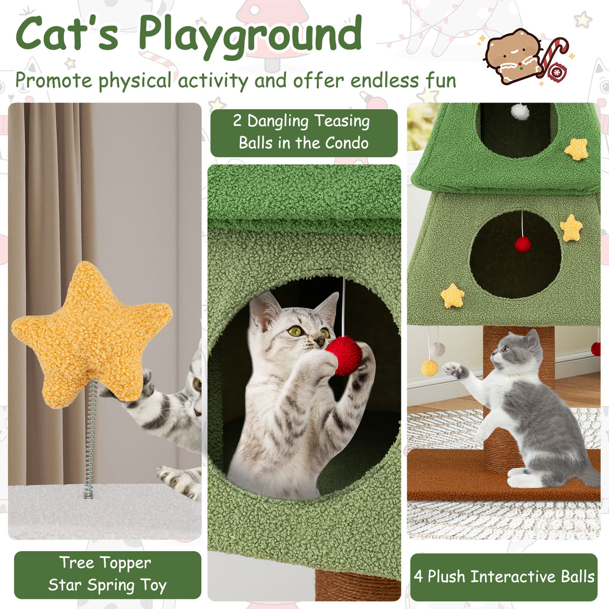 Close up of the cat tree showing interactive toys and condos for cats