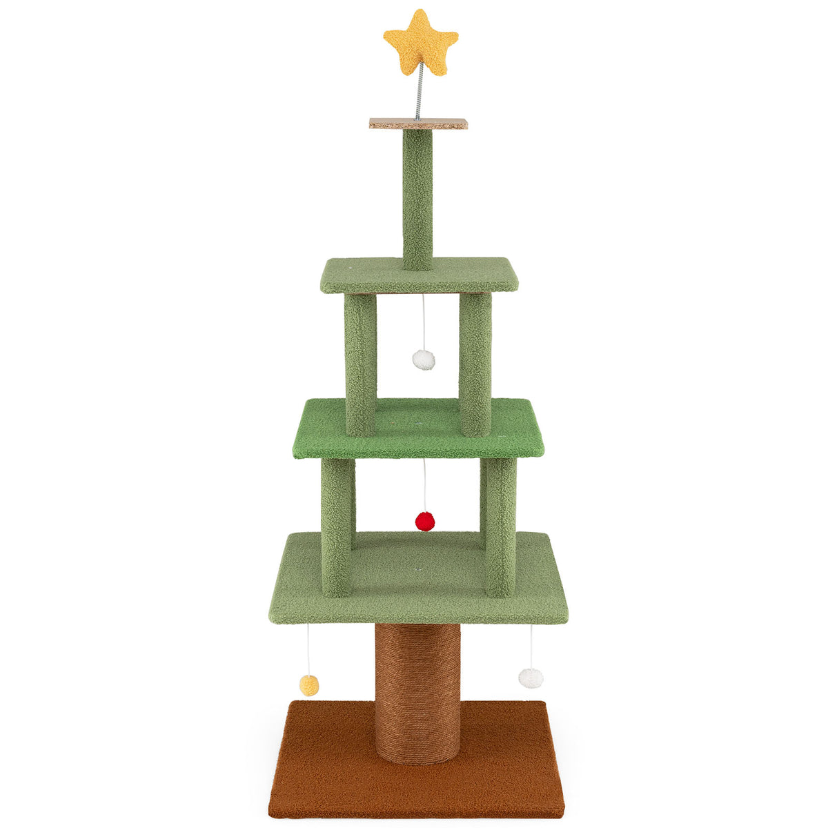 The green and white cat tree with multiple levels and scratching posts, front view