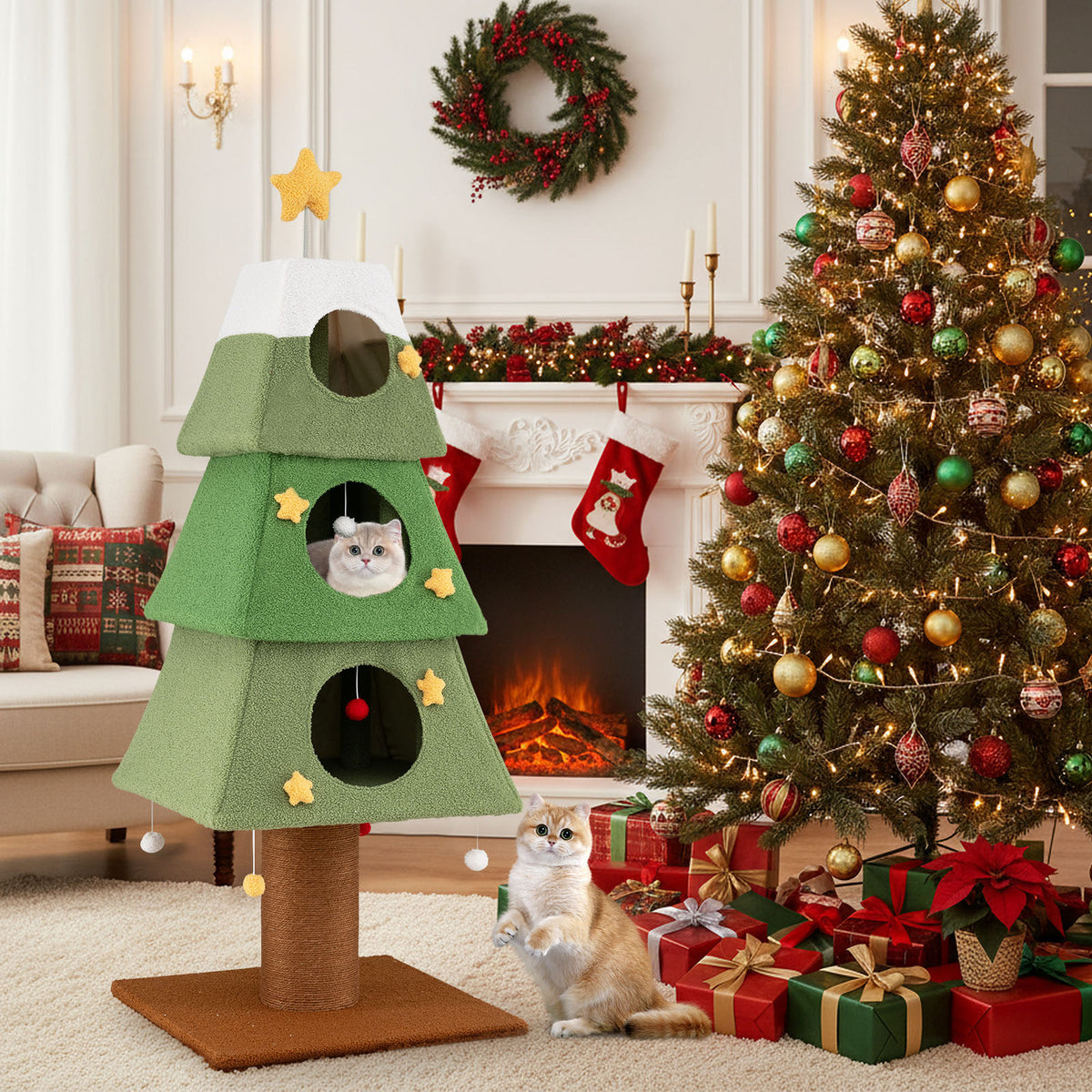 160cm Cute Cat Tower, green and white cat tree with two cats inside a festive room with a Christmas tree