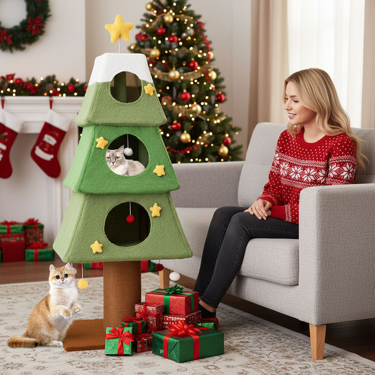 160cm Cute Cat Tower, woman sitting on sofa watching a cat play on a green and white cat tree