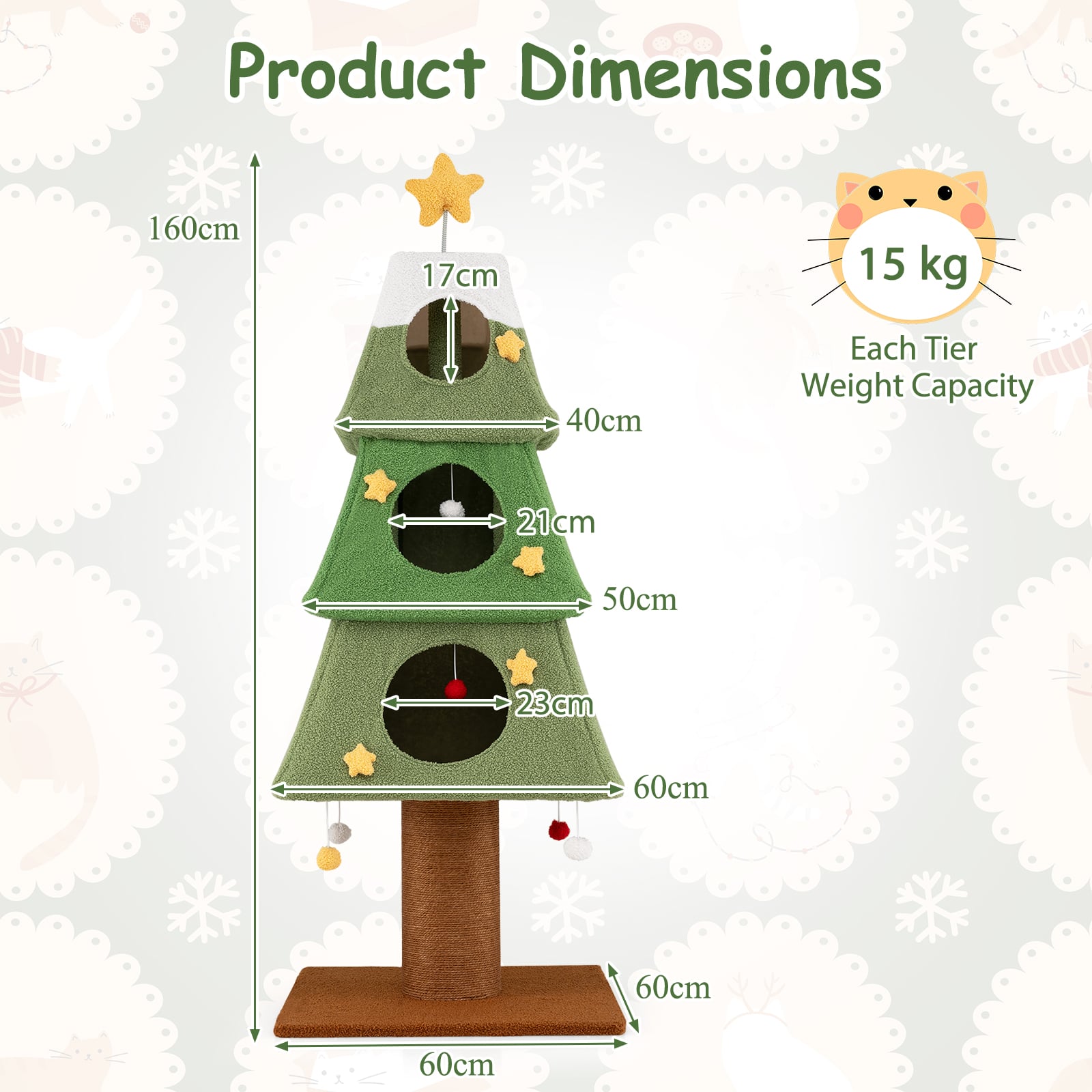 160cm Cute Cat Tower with 3 Condos and Sisal Scratching Post-Green & White