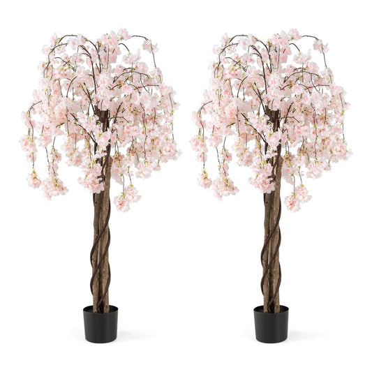 163CM Tall Artificial Cherry Blossom Tree with Flowers Set of 2-White, two trees in black pots on a white background