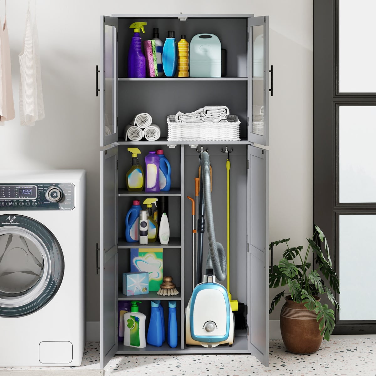 168CM Tall Freestanding Cleaning Tool Cabinet with Doors and Shelves-Grey