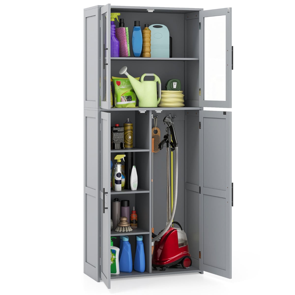 168CM Tall Freestanding Cleaning Tool Cabinet with Doors and Shelves-Grey