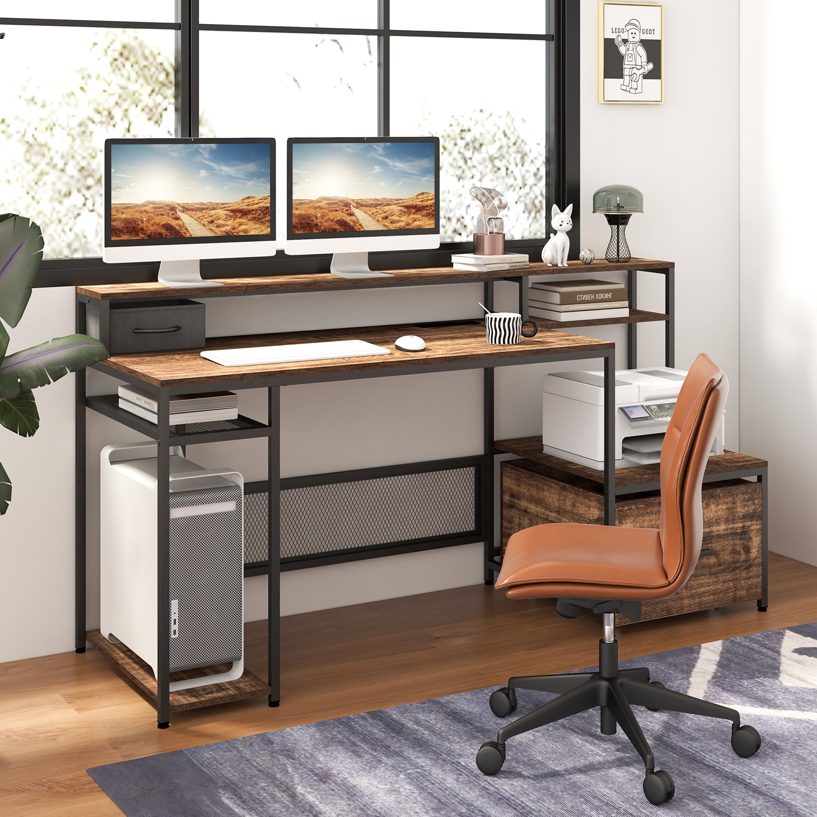 170 CM Computer Desk with Monitor Stand and File Drawer-Rustic Brown