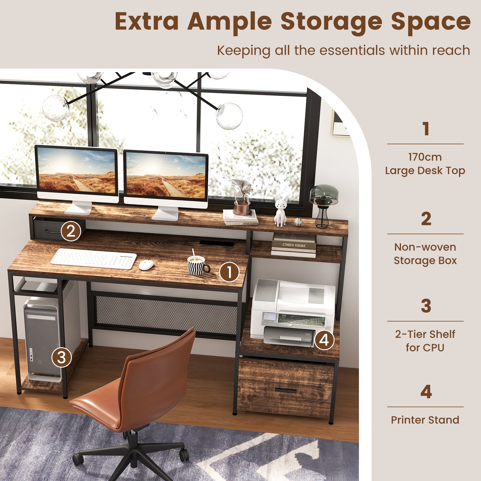 170 CM Computer Desk with Monitor Stand and File Drawer-Rustic Brown