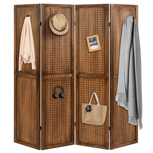 170cm 4-Panel Folding Room Divider with pegboard panels and solid wood frame