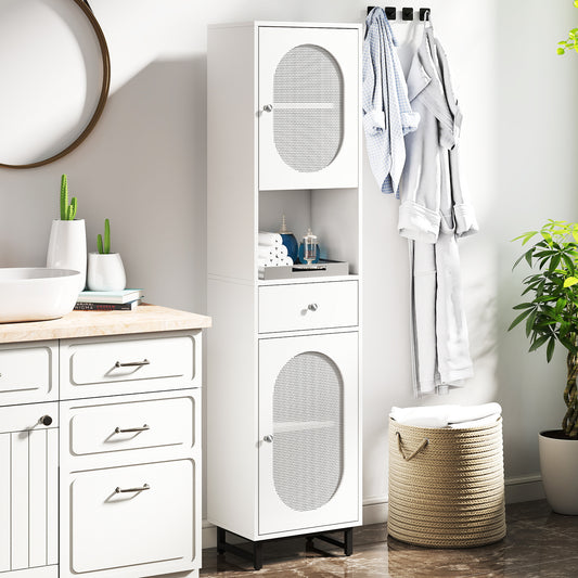 White bathroom cabinet with two doors and open shelf in a bathroom setting