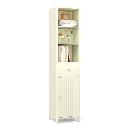 170cm Tall Bathroom Cabinet with fluted door and 1 drawer 3 open shelves in beige