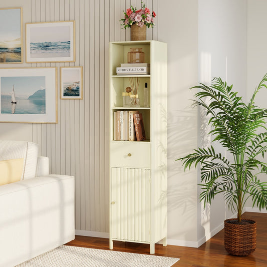 Tall beige floor cabinet with a fluted door and open shelves in a living room setting