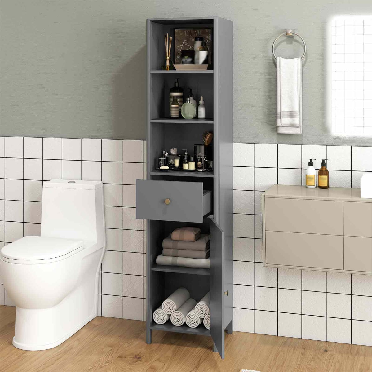 170cm Tall Bathroom Cabinet with Fluted Door and 1 Drawer 3 Open Shelves-Grey