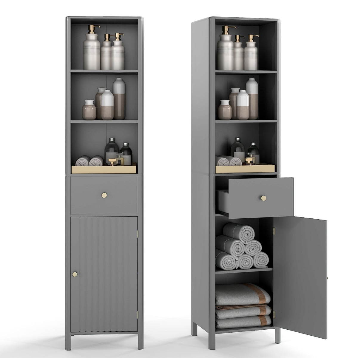 170cm Tall Bathroom Cabinet with Fluted Door and 1 Drawer 3 Open Shelves-Grey