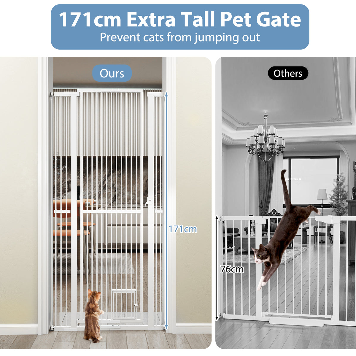 Comparison of the 171cm tall white metal pet gate with a shorter gate