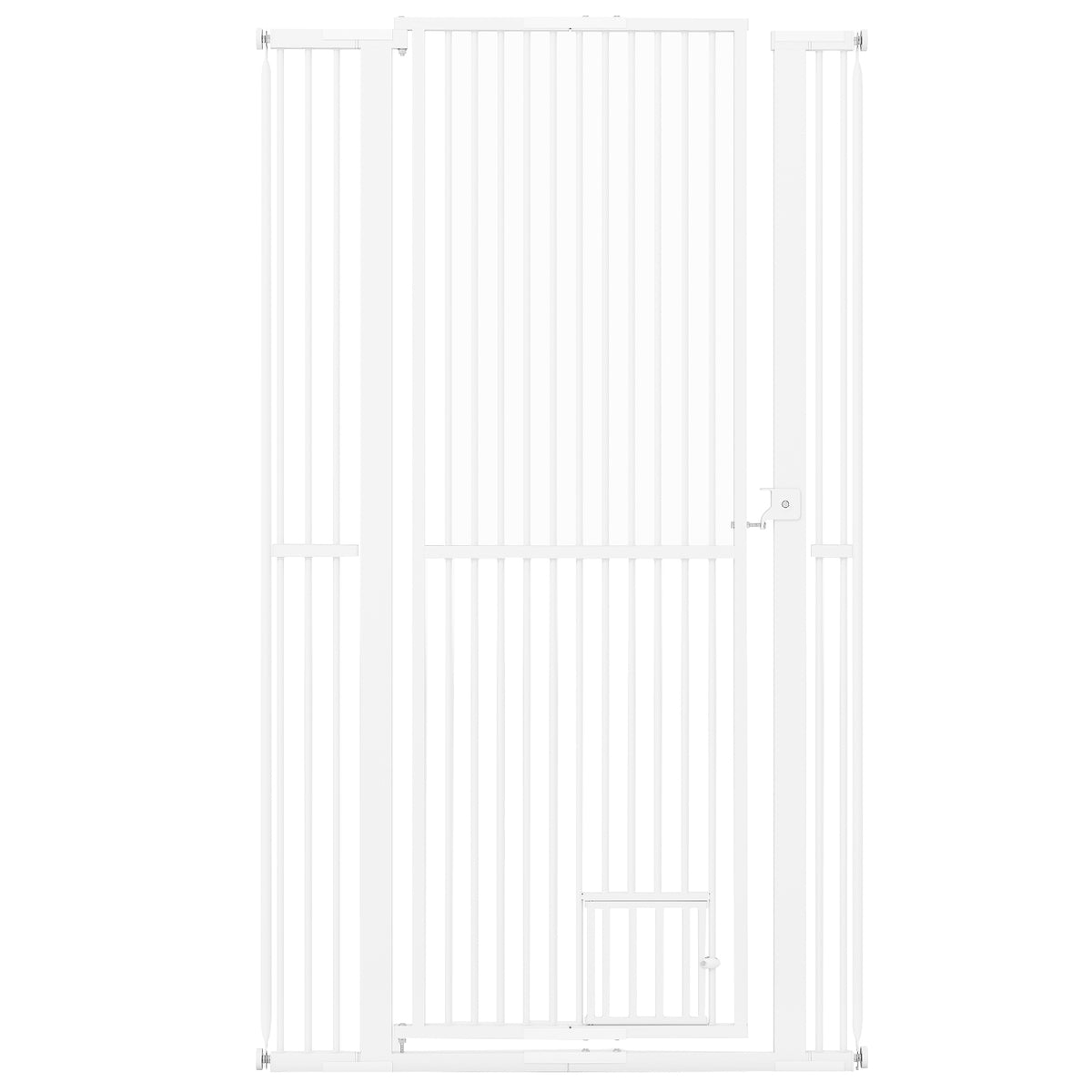 171 cm Extra Tall Pet Gate, a tall white metal safety barrier with a small cat door
