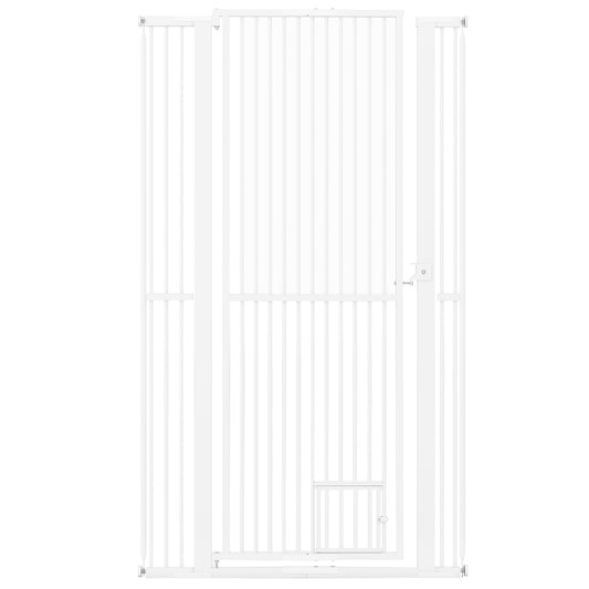 171 cm Extra Tall Pet Gate, a tall white metal safety barrier with a small cat door