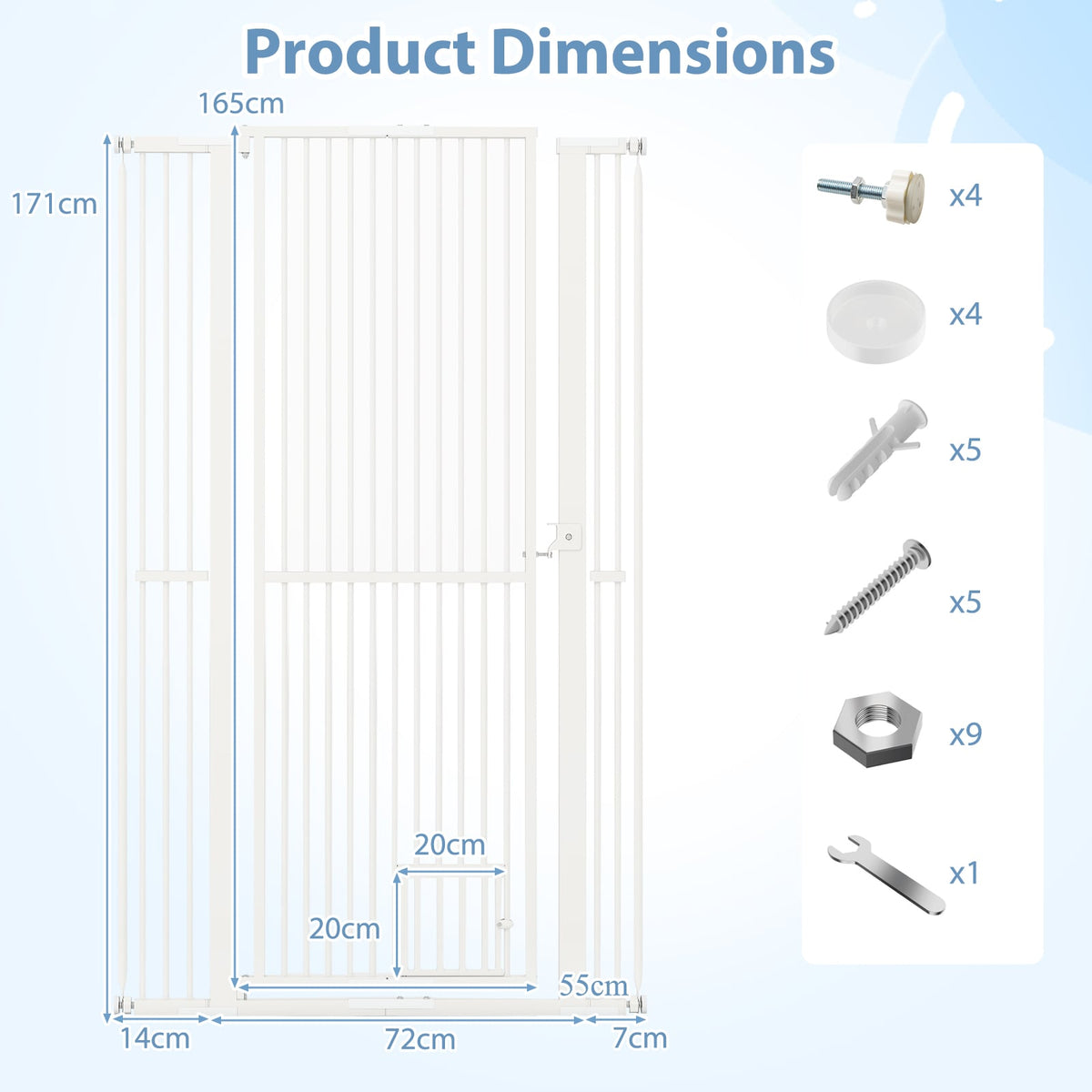 Diagram showing the dimensions of the tall white metal pet gate and included hardware