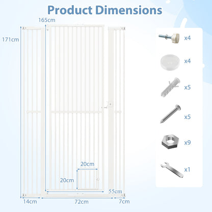 Diagram showing the dimensions of the tall white metal pet gate and included hardware