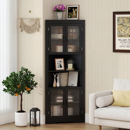 171cm Tall Space-saving Corner Cabinet with 4 Tempered Glass Doors and Adjustable Shelves-Black