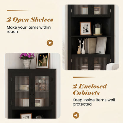 171cm Tall Space-saving Corner Cabinet with 4 Tempered Glass Doors and Adjustable Shelves-Black