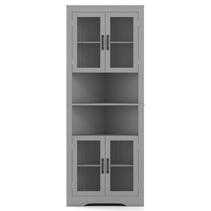 171cm Tall Space-saving Corner Cabinet with 4 Tempered Glass Doors and Adjustable Shelves-Grey