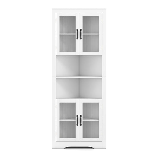 171cm Tall Space-saving Corner Cabinet in white with fluted glass doors and black handles