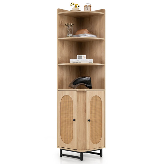 172 cm Tall PE Rattan Corner Cabinet standing on a white background with decor on the shelves
