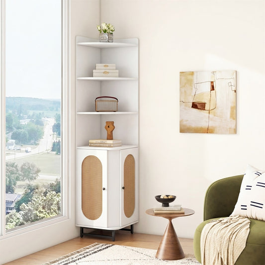 The corner cabinet placed in a bright living room next to a green sofa and window