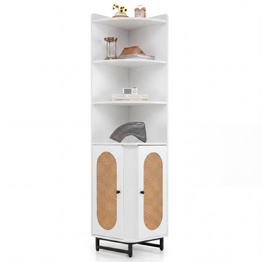 172 cm Tall PE Rattan Corner Cabinet with white frame and rattan doors on a white background