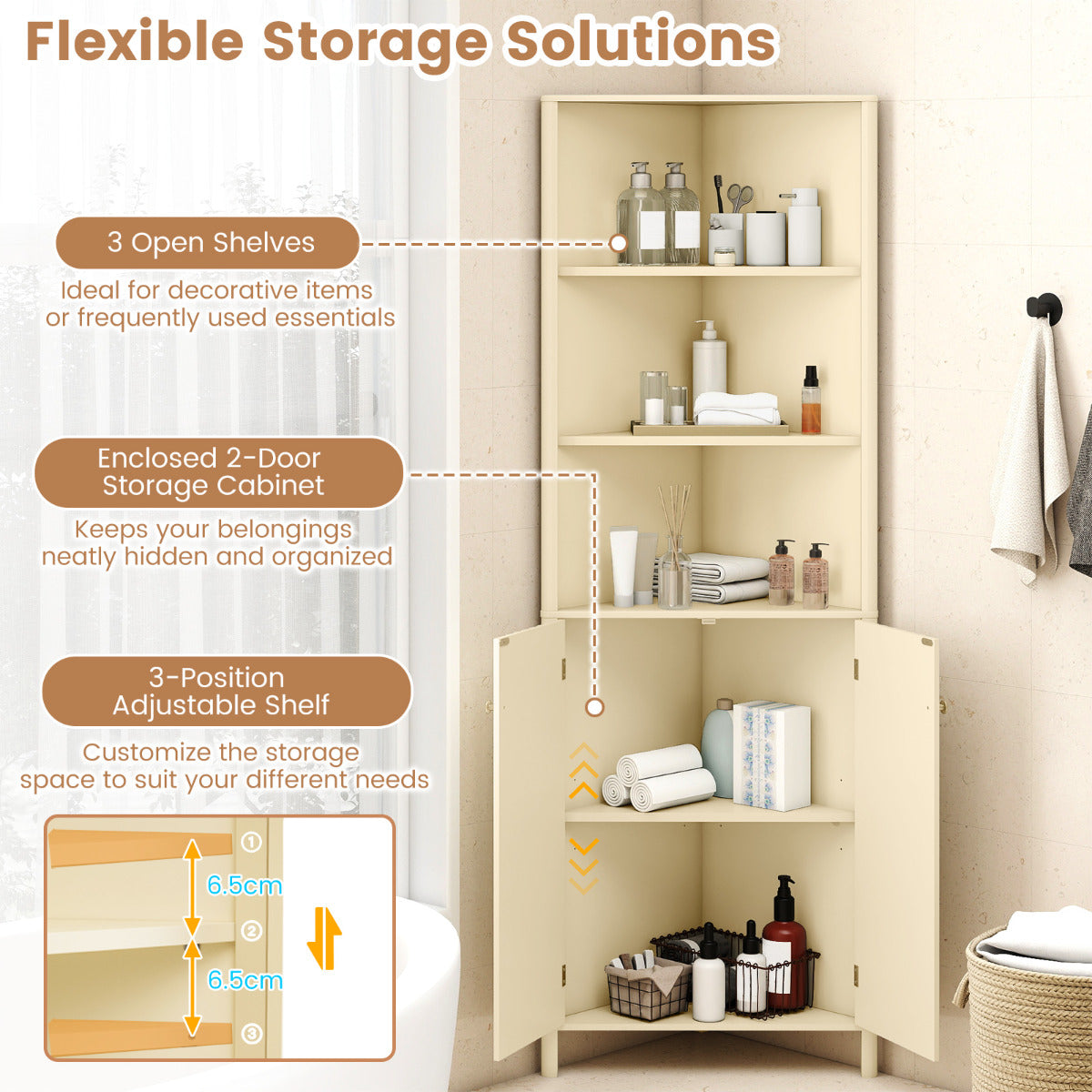 172 CM Tall Corner Cabinet with 5 Shelves and 2 Fluted Doors-Beige