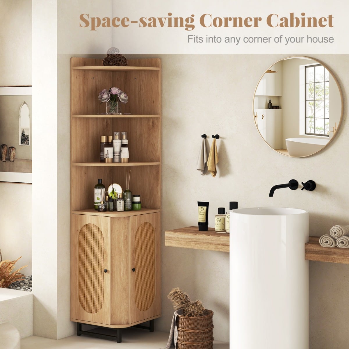 172 cm Tall PE Rattan Corner Cabinet with 2 Doors and 4 Open Shelves-Natural