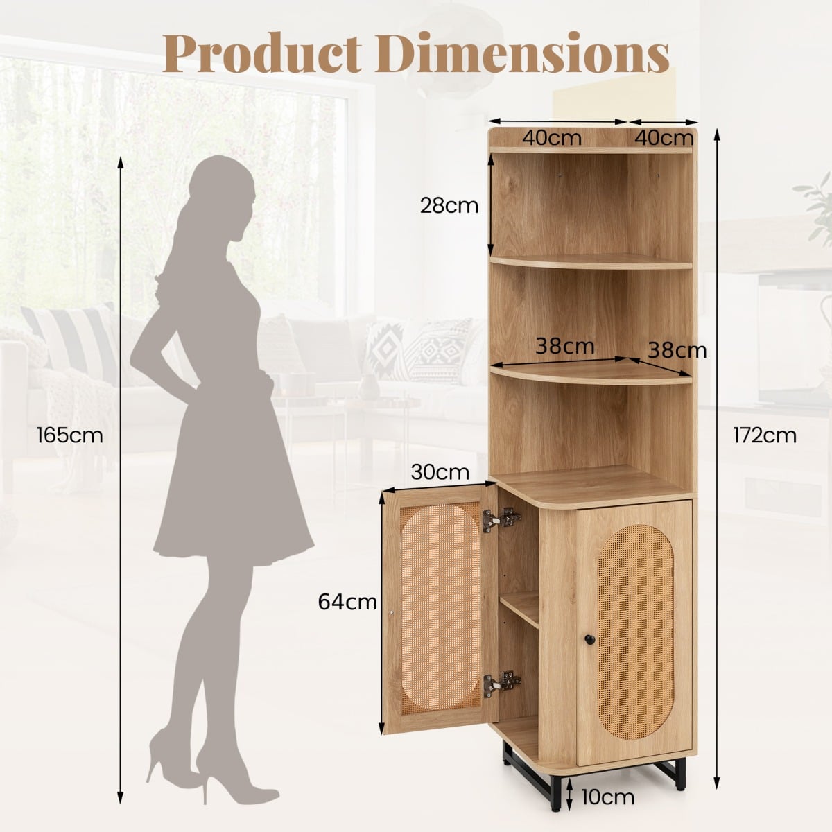 172 cm Tall PE Rattan Corner Cabinet with 2 Doors and 4 Open Shelves-Natural
