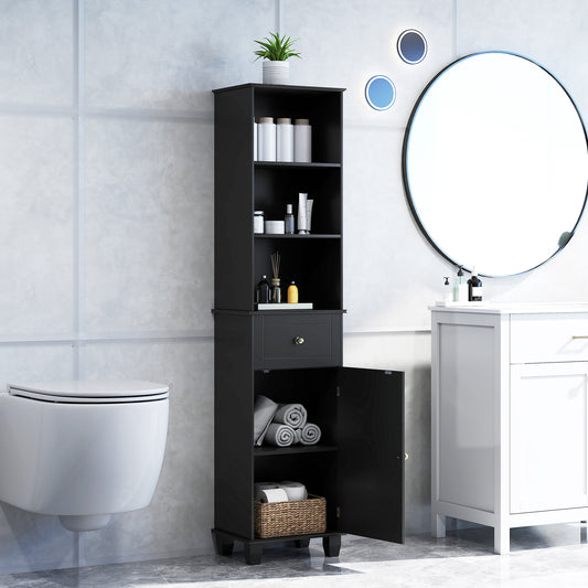 This tall black floor cabinet is shown in a bathroom setting next to a toilet and sink