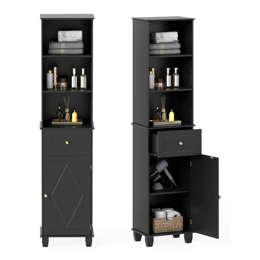 172cm Tall Bathroom Cabinet with Drawer and 3 Open Shelves-Black, showing the cabinet from the front with the door open