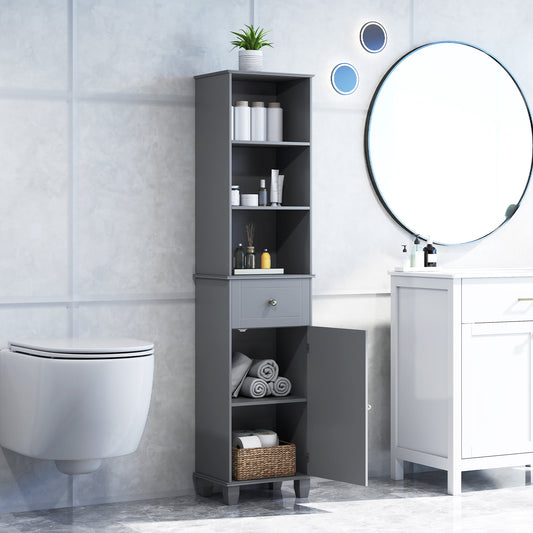 The grey floor cabinet in a bathroom setting next to a toilet