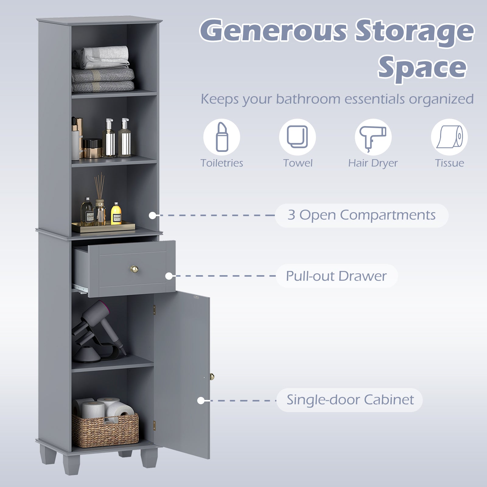 172cm Tall Bathroom Cabinet with Drawer and 3 Open Shelves-Grey