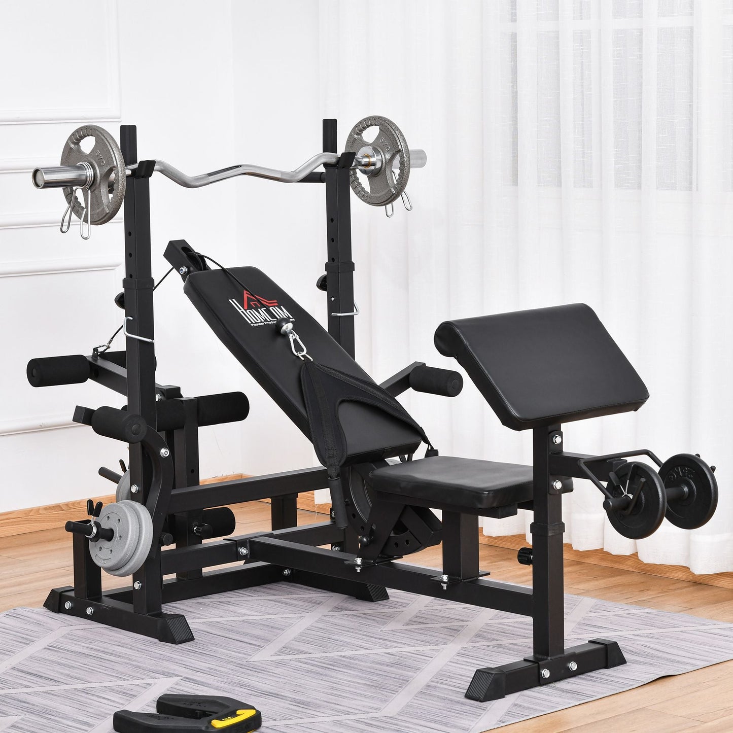 HOMCOM Weight Bench, 6 in 1 Adjustable Bench Press with Leg Extension, Barbell Rack, Preacher Curl Pad, Resistance Band, Multi-Function Home Gym Equipment for Strength Training Weightlifting