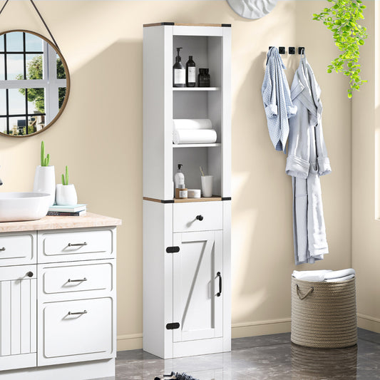 The floor cabinet placed in a bright bathroom next to a vanity unit and a hanging robe