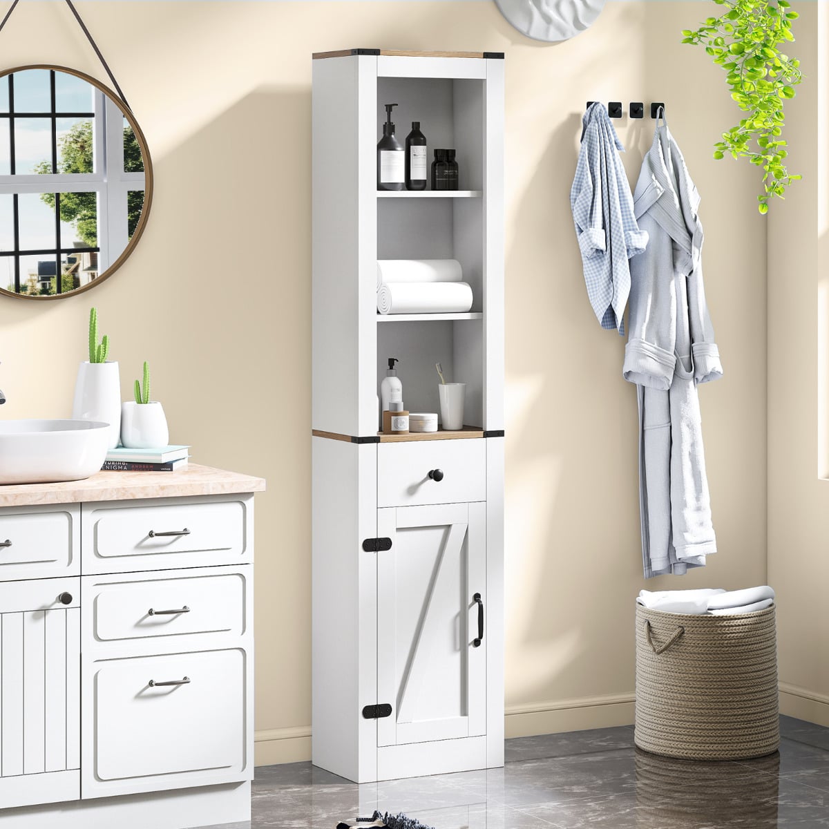 173cm Tall Bathroom Cabinet with Drawer and Adjustable Shelf-White